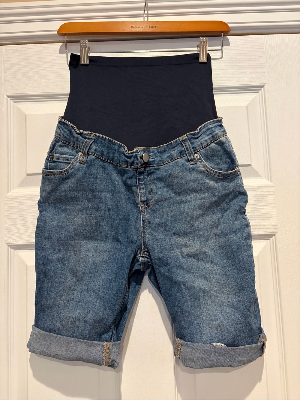 Time and Tru Navy Waistband Maternity Denim Bermuda Shorts